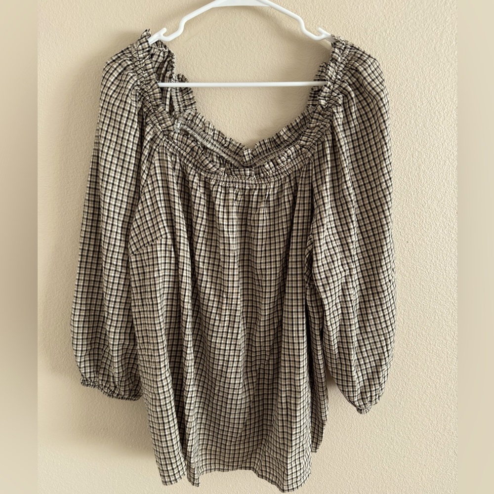 St.‎ John’s Bay Brown & Black Plaid Ruffle Off the Shoulder Top Size 1X
